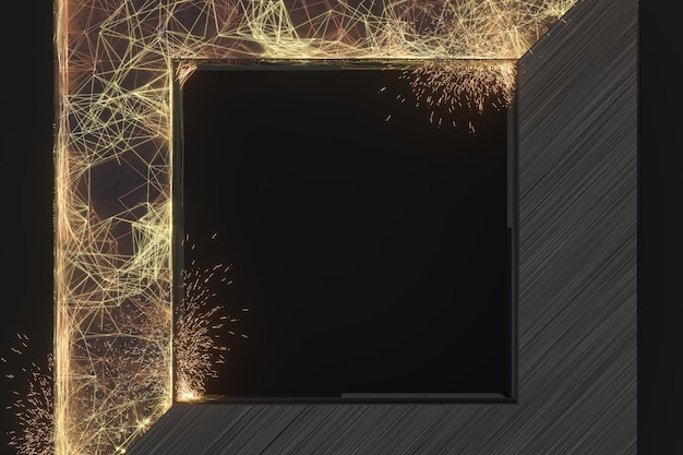 Goldene abstrakte Linien und Kristalle mit schwarzem Hintergrund 3D-Rendering