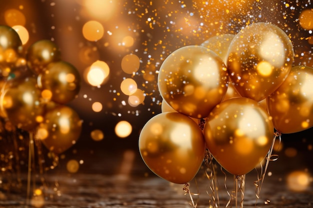 goldene aufblasbare Luftballons und goldener Konfetti-Hintergrund