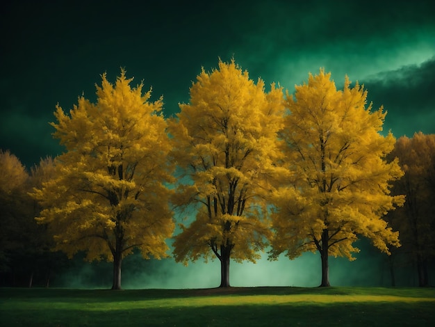 Goldene Bäume auf grünem und schwarzem Himmel Moderne Leinwandkunst