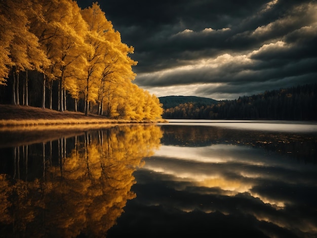 Goldene Bäume spiegeln sich im See vor schwarzem Himmelshintergrund. Moderne Leinwandkunst mit goldgelbem Wald