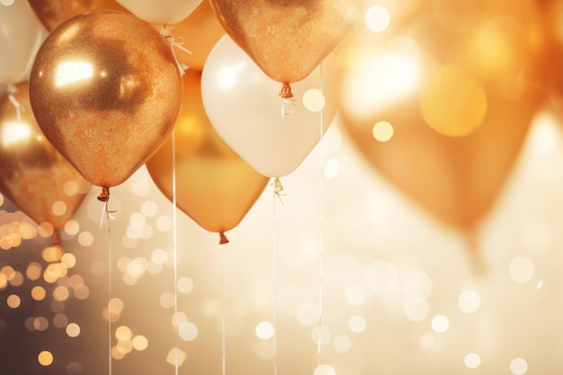 Goldene Ballons in der Luft Feiern Party geschmückt mit Bokeh Hintergrund Kopierraum Generative KI