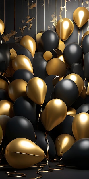 Goldene Ballons leuchten sanft auf einem schwarzen Hintergrund