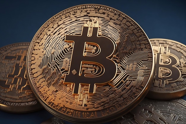 Goldene Bitcoin auf blauem Hintergrund 3D-Rendering Digitale Computerzeichnung