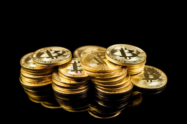 Goldene Bitcoin-Münzen auf dunklem Hintergrund Stapel von Kryptomünzen kopieren Raum generative KI