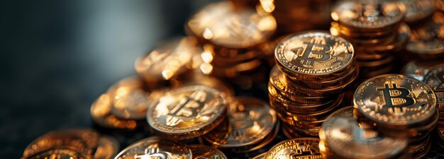 Goldene Bitcoin-Münzen mit verschwommenem Hintergrund