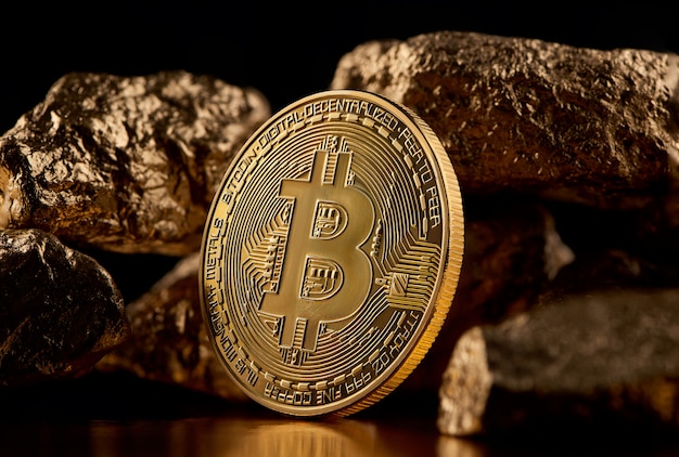 Foto goldene bitcoin- und goldklumpen, welche die futuristischen welttrends beide lokalisiert auf schwarzem hintergrund darstellen