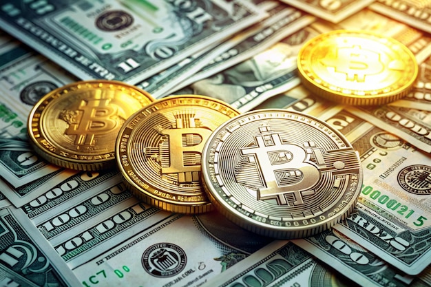 Goldene Bitcoins auf dem Hintergrund von Hundert-Dollar-Banknoten Kryptowährungskonzept