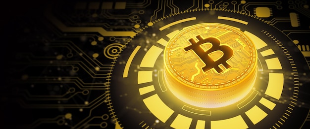 Goldene Bitcoins auf der Platine. Mining von Krypto, Kryptowährung und Blockchain-Technologie. 3D-Darstellung.