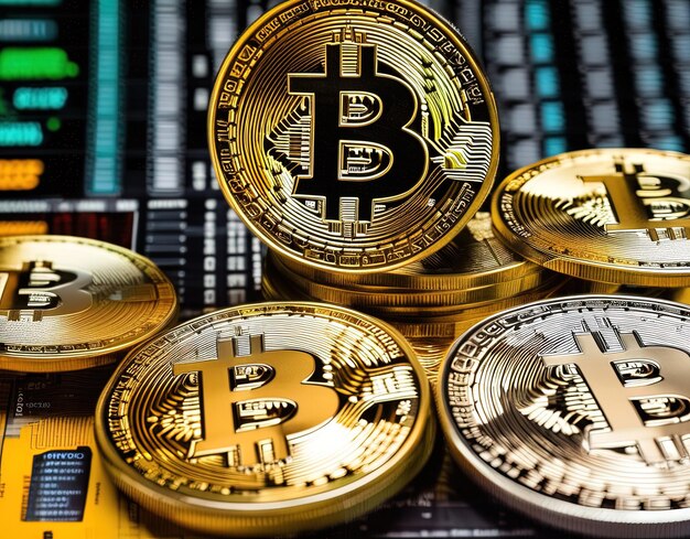 goldene Bitcoins auf schwarzem Hintergrund mit virtuellen Bitcoins