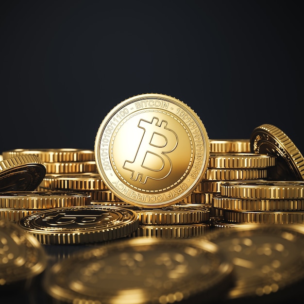 goldene Bitcoins (BTC)-Münzen stapeln unscharf Vorder- und Hintergrund. Für den Kryptowährungsmarkt wird der Token-Austausch gefördert. 3D-Rendering