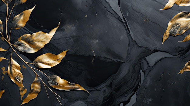 Goldene Blätter und schwarze Aquarelle marmoriert abstrakter Hintergrund Generatives KI-Design
