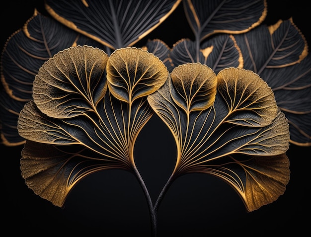 Goldene Blätter von Ginkgo biloba Dunkler Hintergrund, der mit generativer KI-Technologie erstellt wurde
