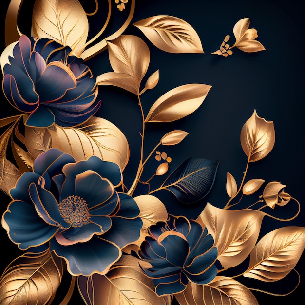 Goldene Blumen auf schwarzem Hintergrund elegante Blumentapete Generative AI