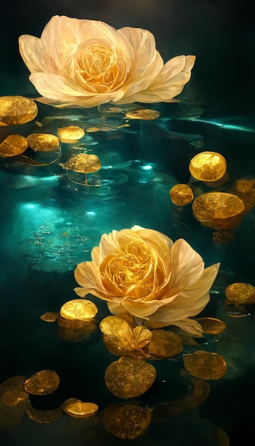 Goldene Blumen blühen im Dunkeln auf dem wunderschönen blauen Wasser