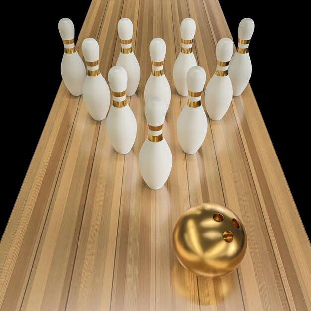 Goldene Bowlingkugel und weiß-goldene Kegel 3D-Rendering