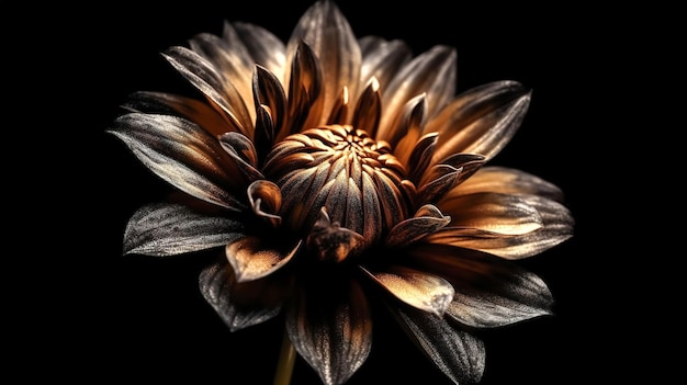 Goldene Chrysanthemenblume auf schwarzem Hintergrund, generative KI