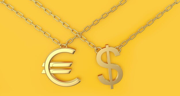 Goldene Dollar- und Eurozeichen an Ketten