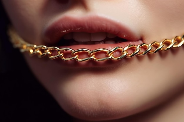 Goldene Edelkette im Mund der Frau auf ihren Lippen Generative KI