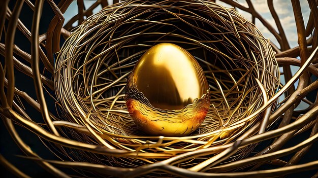 Foto goldene eier im nest auf holzhintergrund mit 3d