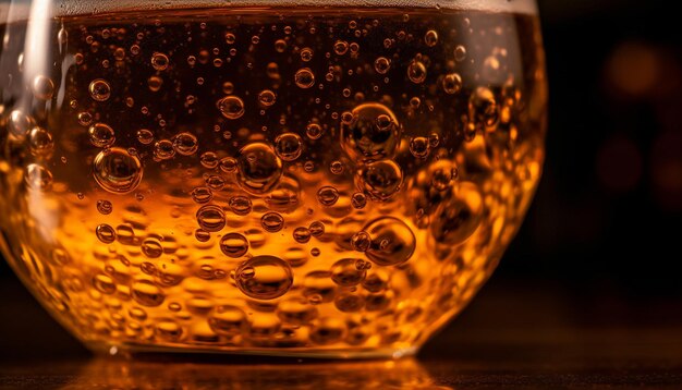 Goldene Flüssigkeitsblasen in transparentem Bierglas, erzeugt durch KI