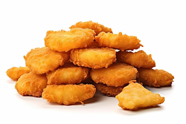 Goldene frittierte Chicken Nuggets auf Weiß mit Fleischschnitt