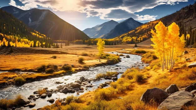 Goldene Gelassenheit, majestätische Berge und Fluss in einem Tal mit herbstlichen gelben Bäumen. GenerativeAI