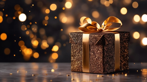 Goldene Geschenkbox auf Feiertags-Bokeh-Hintergrund Illustration AI GenerativexA