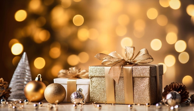 Goldene Geschenkbox der frohen Weihnachten in den Holztisch und goldenes Licht verschwommener Hintergrund