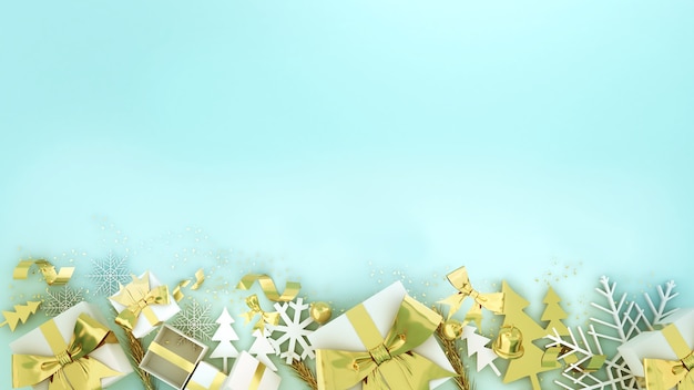 Goldene Geschenkbox Festivalfeier, goldene Weihnachtsgeschenkbox auf blauem Hintergrund3D render