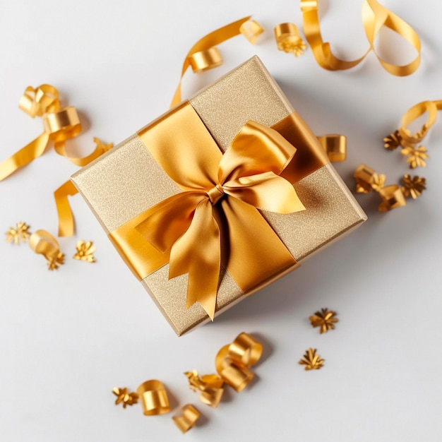 Goldene Geschenkbox mit goldenen Bändern auf dem Tisch