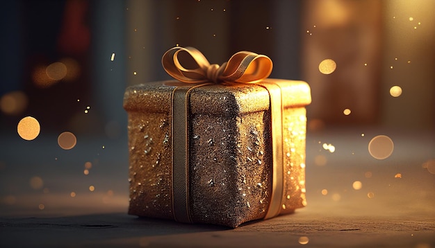 Goldene Geschenkbox mit Schleife Generative AI