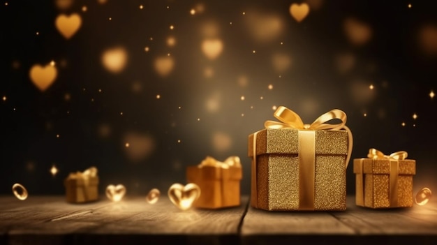 Goldene Geschenkeschachtel mit goldenem Band und einem glänzenden Hintergrund