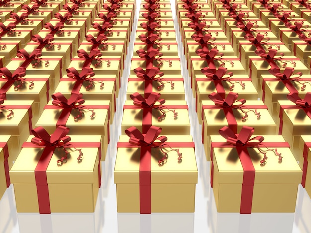 Goldene Geschenkkästen mit rotem Band auf weißem Hintergrund.