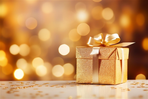 Goldene Geschenkkiste auf Bokeh-Hintergrund