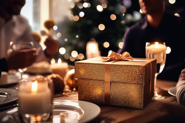 Goldene Geschenkkiste auf dem Weihnachtsessen-Tisch