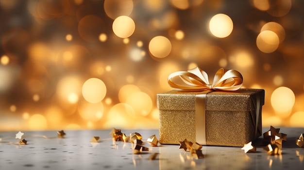 Goldene Geschenkkiste mit goldenem Bogen auf Bokeh-Hintergrund mit Kopierraum Weihnachten und Neujahr