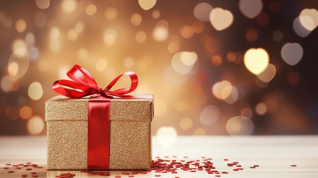 Goldene Geschenkkiste mit rotem Band auf glänzendem Bokeh-Hintergrund feierliches Geschenkkonzept