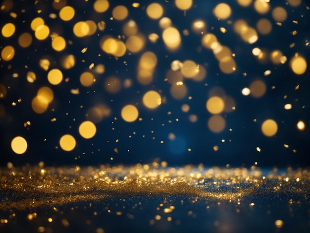 Goldene glänzende Weihnachtslichtpartikel mit Bokeh auf Marine-Hintergrundtapeten für Werbung