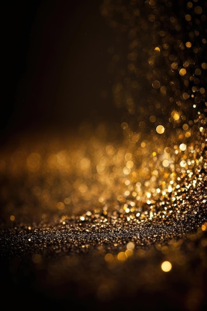 Goldene Glitzerlichter auf isoliert auf dunklem Hintergrund Goldglitter Staub defokussierte Textur Abstraktes funkelndes Partikel-Bokeh