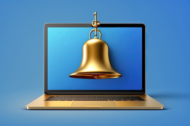 Goldene Glocke auf blauem Hintergrund des Laptop-Bildschirms Generative KI