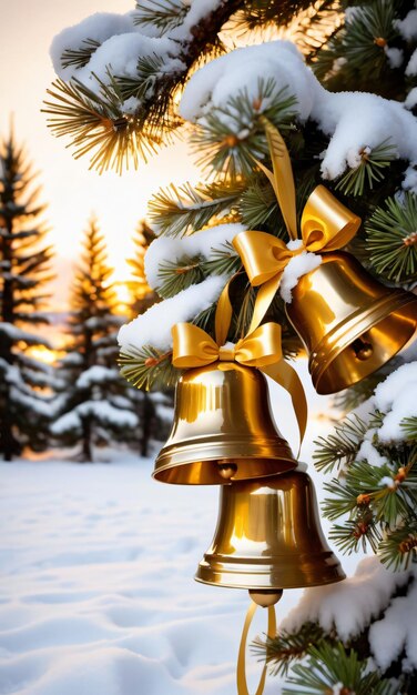 Goldene Glocken und Bänder auf einem verschneiten Kiefernbaum-Sonnenuntergang im Freien im Weitwinkel