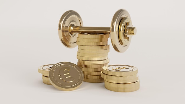 Goldene Hantel mit Euro-Münze isoliert auf weißem Hintergrund Geschäftskonzept 3D-Render