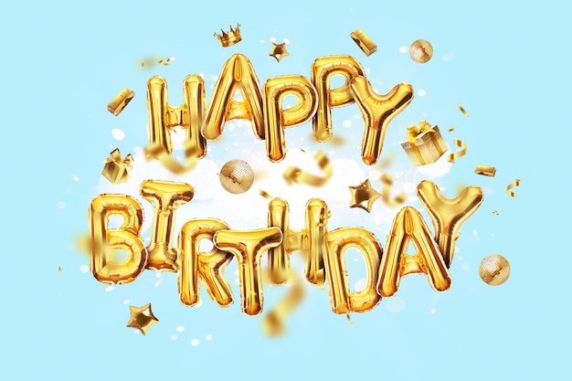Goldene Happy Birthday-Ballons fliegen auf blauem Hintergrund mit goldenen Konfetti-Diamanten-Geschenken und goldener Krone Herzlichen Glückwunsch für eine kreative Idee des Mannes Luxus-BDay-Karte