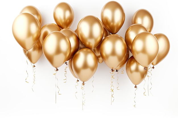 Goldene Heliumballons in verschiedenen Formen für Feiertags- und Geburtstagsdekorationen auf weißem Hintergrund