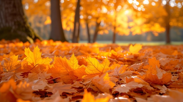 Goldene Herbstblätter auf dem Waldboden mit Sonnenlicht