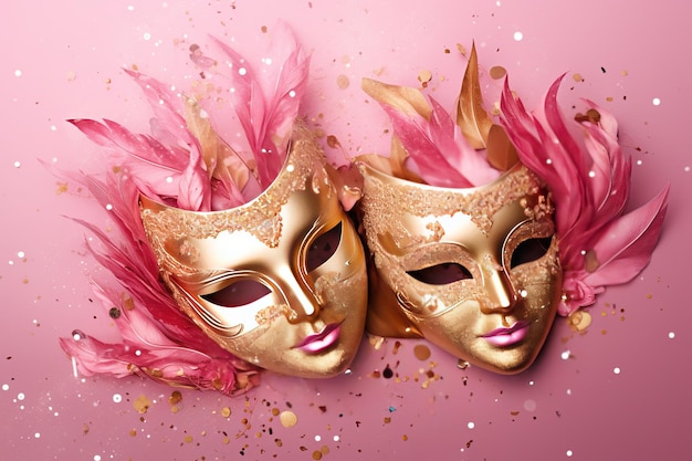 Goldene Karnevalsmaske auf rosa Hintergrund