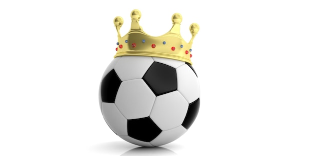 Goldene Krone auf einem Fußball weißen Hintergrund 3D-Darstellung