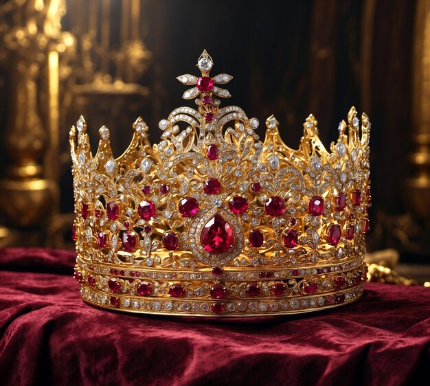 Goldene Krone mit Diamanten und Rubinen aus der Nähe