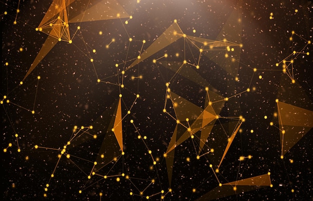 Goldene Linien und Punkte, die Technologie und Wissenschaft verbinden, Stil auf schwarzem Hintergrund Business Presentat