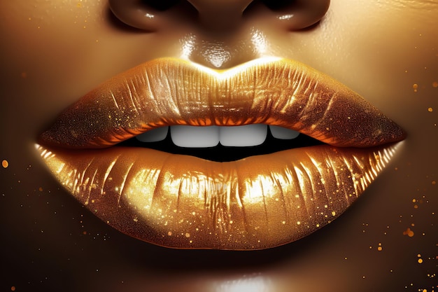 Goldene Lippen einer Nahaufnahme der Frau Goldener gelber Lippenstift